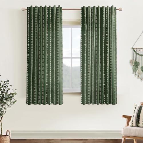 Olive Green Linen Sheer Boho Patterned Curtains 63 Inches Long for Living Room 2 Panels Set