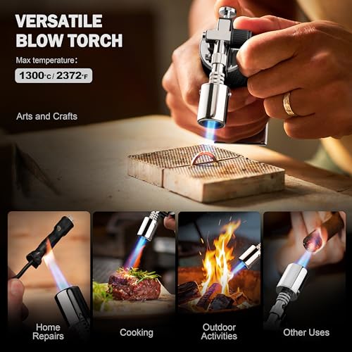 RAVS Butane Torch Lighter, Premium Metal Kitchen Torch with Adjustable Flame & Safety Buckle, Refillable Creme Brulee Torch for Baking, BBQ, DIY, Resin Art, Black, Butane Gas Not Included