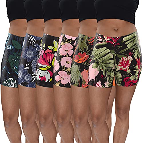 Sexy Basics Womens 6 Pack Buttery Soft Brushed Active Yoga Stretch Mini -Bike Short Boxer Briefs (6 Pack- Bold Floral Garden, Small) #TOP13