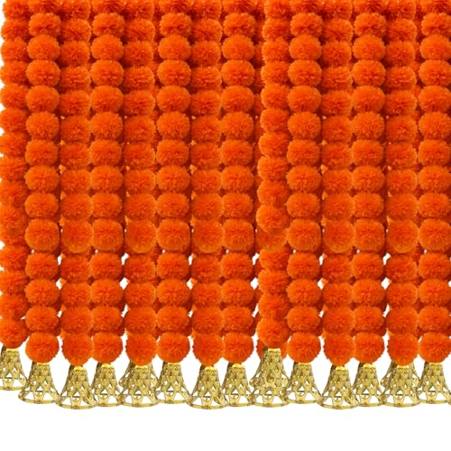 Image of Marigold Garlands Decoration with Bell, Artificial Flowers for Decorations Hanging Garlands for Home Decorations, Ganpati Decoration /Diwali Decoration for Home Decor- (Orange, Pack of 15)