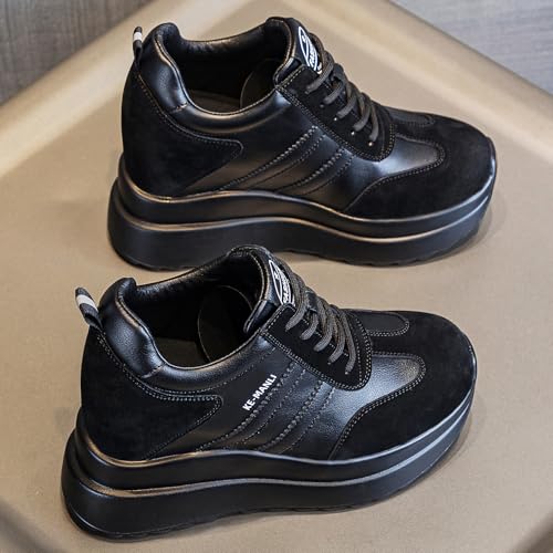 Image of AONEGOLD Platform Sneakers High Hidden Heel Sneakers for Women Wedge Leather Upper Fashion Lace up Increasing 3.94 inch
