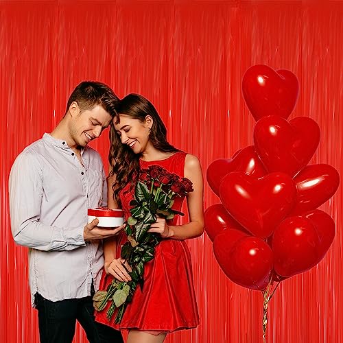 Image of GOER 3.2 ft x 8.2 ft Metallic Tinsel Foil Fringe Curtains Party Photo Backdrop Party Streamers for Birthday,Graduation,New Year Eve Decorations Wedding Decor(5 Packs,Candy Red)