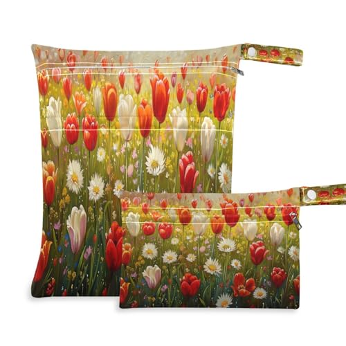 ATTX Colorful Flowers Painting Wet Dry Bags 2-Pack - Reusable Cloth Diaper Storage for Travel, Beach & Gym | Multi-Use Waterproof Bags for Swimsuits, Baby Clothes, Sports Gear#383