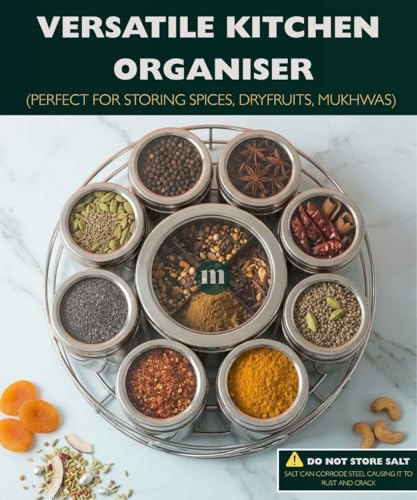 Image of MARU Steel 12-in-1 Spice Box For Kitchen, Durable Masala Dani with Middle Partition Container & See- Through Lids, Stylish Anjarai Petti, Elegant Kitchen Storage Masala box (12IN1 WIRESTAND)