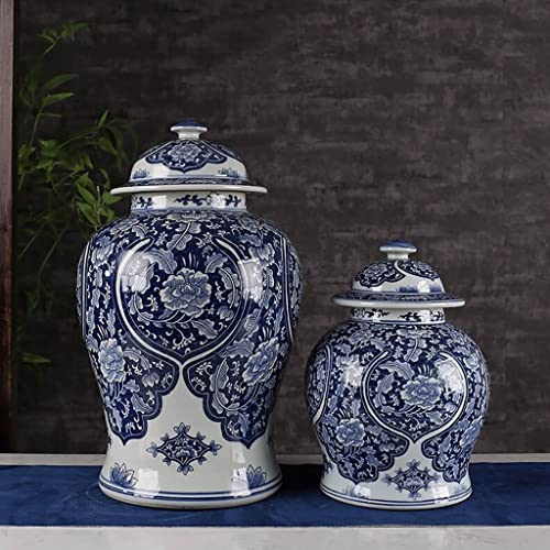 Robmet Chinese Traditional Antique Ceramic Ginger Jar With Lid, Oriental Decorative White Pattern Porcelain Temple Jar, Jingdezhen Contemporary Crafted Vases For Living Room Office (Size : Large) #TOP1