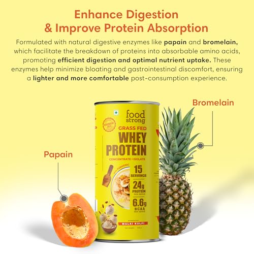 Image of Foodstrong Whey Protein Powder (Concentrate + Isolate), 100% Hormone Free Grass-Fed Whey, 24G Protein & 6.6G BCAA, Malai Kulfi, With Turmeric & Digestive Enzymes, (15 Sachets), 525G