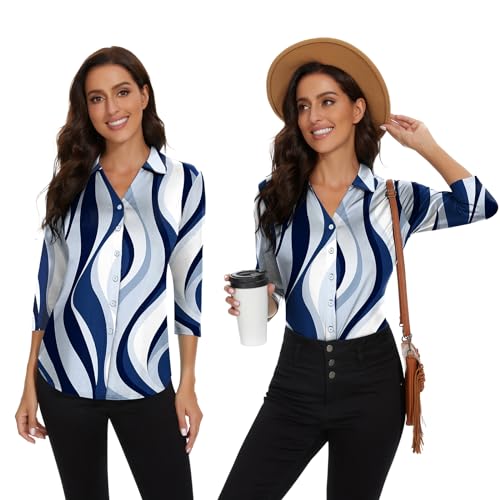 Soneven Womens 3/4 Sleeve Button Down Shirt V Neck Collared Polo Shirts Work Blouses3