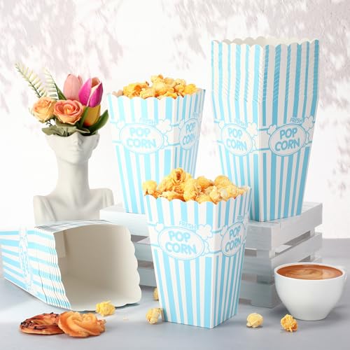 Image of Xinnun 100 Pcs Popcorn Boxes 32oz Classic Stripe Paper Buckets Disposable Oil Proof Popcorn Container Retro Open Top Box for Movie Night Supplies Theaters Carnival Birthday Party(Light Blue and White)