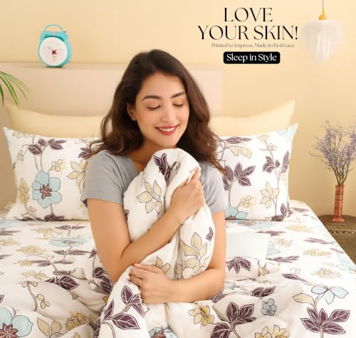 Image of SANMARINO 210TC Cotton King Size Bedsheet with 2 Pillow Covers | Premium Floral Print Design Flatsheet |Ultra Soft Breathable Skin Friendly Bedding Set for All Season Use 90 x 100 Inch,Taupe