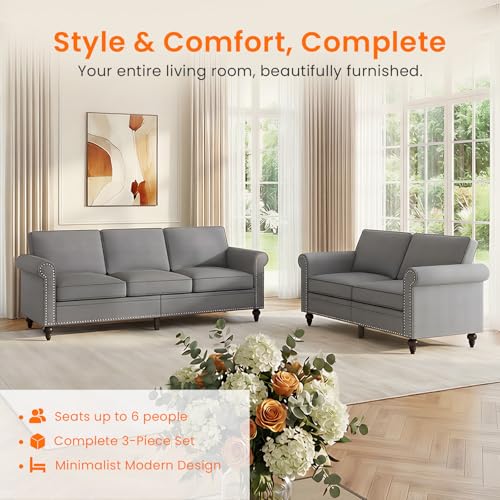 Image of ijuicy 2-Piece Sectional Sofa Set, Modern Linen Couch Set (Light Gray) | with 5 inch Thicken Cushion & Nailhead Trim, Living Room Furniture Set-Loveseat and 3 Seat Sofa