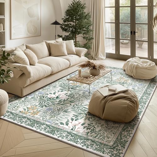Image of Botanical Floral Area Rug 5x7 Light Green Cream Vintage Garden Design, Perfect for Living Room, Bedroom, Kids Room, Nursery - Stain & Water Resistant Non-Slip, Pet & Child Friendly Area Rugs