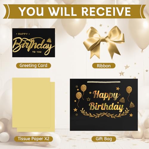Image of JMANNI Black Gold Happy Birthday Gift Bag with Card and Tissue Paper, 12.6 inchx9.84 inchx3.9 inch Elegant Present Bag for Men Women, Year Old Birthday Keepsake Party Supplies