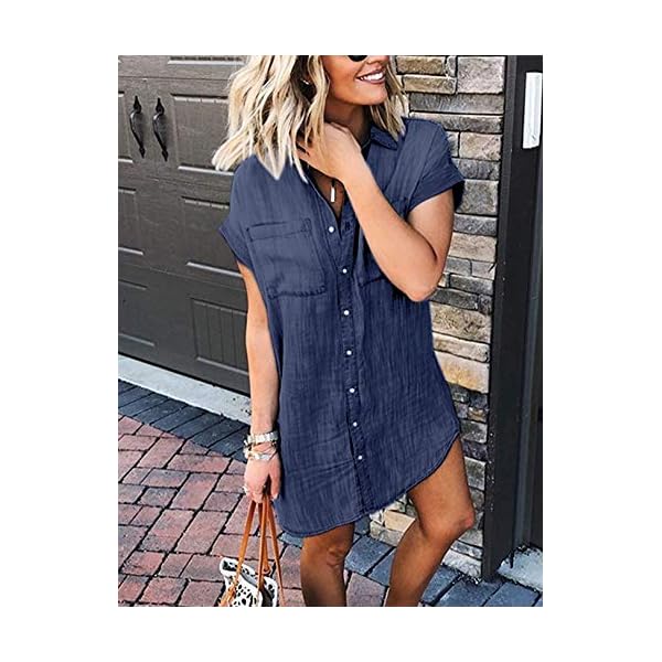 Zilcremo Women Denim Shirt Dresses Short Sleeve Distressed Jean Dress Button Down Casual Tunic Top Navy L
