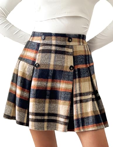 Kate Kasin 2025 Women's Pleated Plaid Mini Skirt High Waist A-Line Fall Winter Casual Skirts