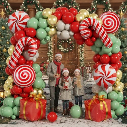 Image of 170Pcs Christmas Balloon Arch Garland Kit with Xmas Red Sage Green Gold White Sand Latex Balloons Gift Box Candy Cane Foil Balloons Arch Kit for Christmas New Year Party Party Decorations