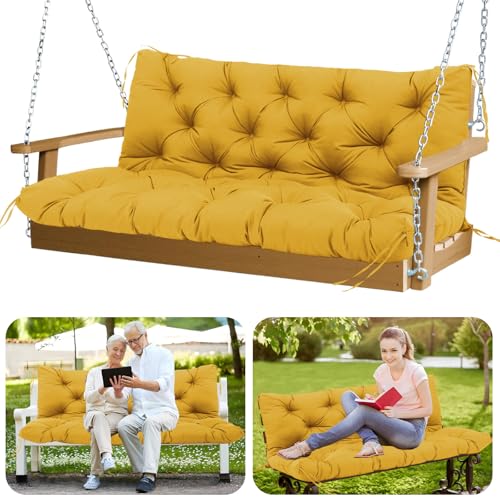 Image of Porch Swing Cushions Outdoor 48x40 inch Waterproof Thicken 5 inch Outdoor Swing Replacement Cushions with Backrest and Ties Patio Swing Cushion for Outdoor Furniture Backyard Bench Garden(Yellow)