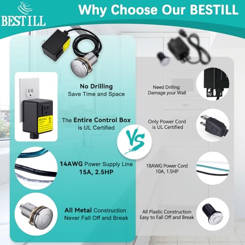 Image of BESTILL Garbage Disposal Air Switch Kit - UL Listed, All Metal Sink Top On /Off Button in Chrome, Compatible with Kohler, Moen and Delta Faucets