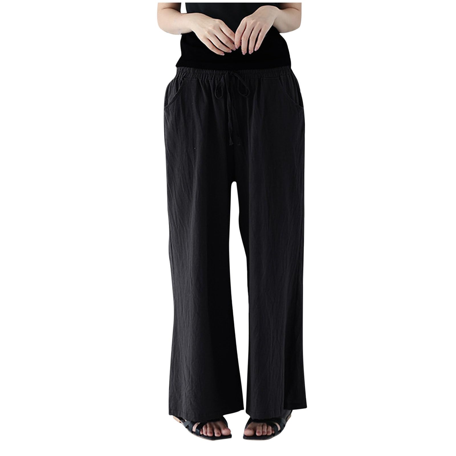 Bidobibo Linen Pants for Women Loose Fit Straight Leg Cotton Lounge Pants Summer Beach Trousers High Waist Beach