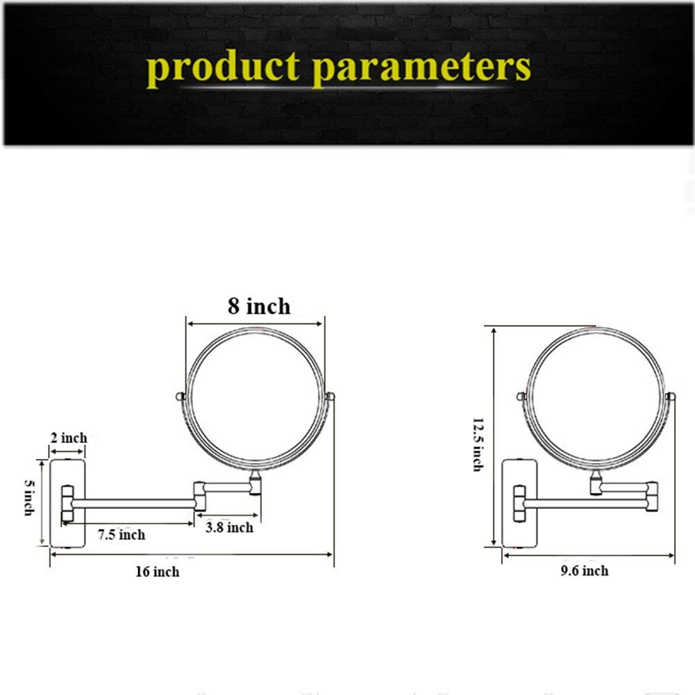 Specchio per Trucco a Parete con ingrandimento 3X, Specchio cosmetico da Bagno bifacciale Premium da 8 Pollici, Girevole a 360 Gradi, Senza Luce, Braccio Estensibile, Rotondo (Colore : Oro)