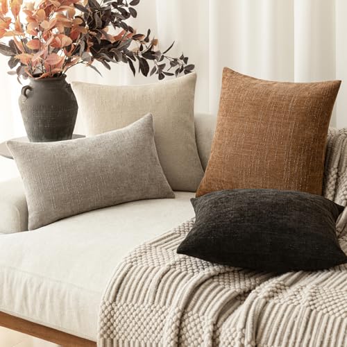 Image of Foindtower Set of 2 Textured Chenille Throw Decorative Pillow Covers Square Accent Solid Cushion Cover Neutral Farmhouse Lumbar Pillow Case for Couch Sofa Bedroom Living Room 12x24 Inch,Light Taupe