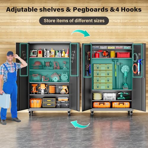 Image of SISESOL Wide & Deep Metal Storage Cabinet with Wheels,Tall Rolling Garage Storage Cabinet with Lock,Black Metal Cabinets with Pegboards and Shelves,Tool Locker for Garage,Home,Office,43''Wx 20''Dx71 inchH