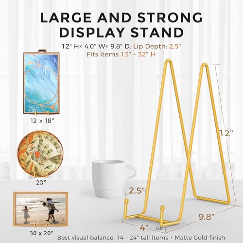 Image of TR-LIFE 12 Inch Large Plate Stands /holder for Display - Metal Picture Frame Holder Stand + Small Easels for Platter, Book, Plaques, Photo, Tabletop Art (Gold 2 Pack)