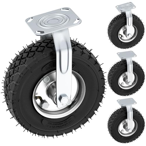 10 Inch Pneumatic Casters Set of 4 (2 Swivel/2 Rigid),Heavy Duty Casters,Tolerable 1300 LBS,Rubber Knobby Tread for Workbench, Cart, Trolley,Wagon and Shelves