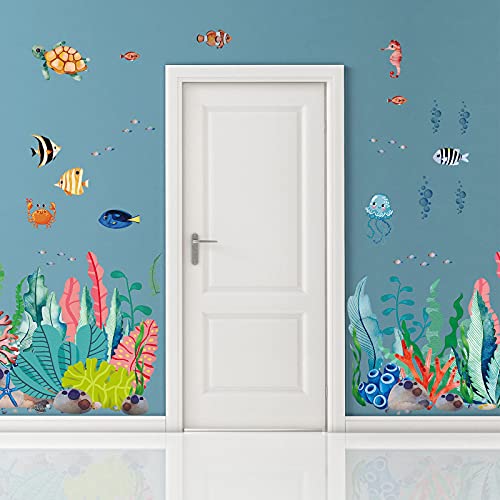2 Sheets Large Under The Sea Wall Decals Ocean Creature Sea Life Stickers Removable Seaweed Sea Turtle Jellyfish Fish Ocean Grass Decor For Kids Baby Nursery Bedroom Playroom Bathroom Living Room #TOP3
