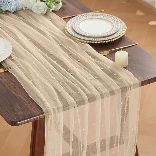 LigneDouce Pearl Table Runner Tulle 120 Inch 10FT Summer Sheer Gauze Dining Wedding Birthday Party Baby Shower Bridal Anniversary Holiday Table Decor for Home Party (Champagne, 30" x 120") by LigneDouce - Used condition - US$8.79