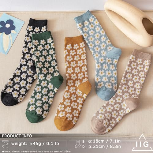 IIG 3-5 Pairs Womens Vintage Cozy Crew Socks Soft Cute Neutral Cotton Socks Exquisite Patterns Socks Gift2