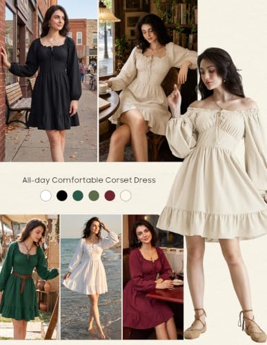 Image of Scarlet Darkness Women's Renaissance Off Shoulder Corset Mini Dress | Puff Sleeve, Lace-Up Front, Smocked, Flowy Fairy, Medieval, Peasant, Cottagecore, for Ren Faire, Pirate, Party, Daily