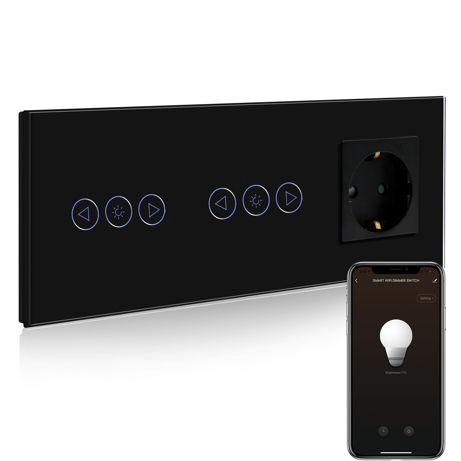 BSEED BSEED Normale Steckdose mit Doppel Smart Alexa Dimmer, smart Lichtschalter Kompatibel mit Alexa/Google Home, wlan Lichtschalter Glas 1 Fach 1 Weg 16Amp Steckdose Schwarz (Nullleiter erforderlich)