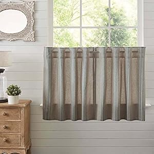 Vhc brands grain sack blue stripe vintage farmhouse kitchen curtain tier set 36×37  urban country home decor