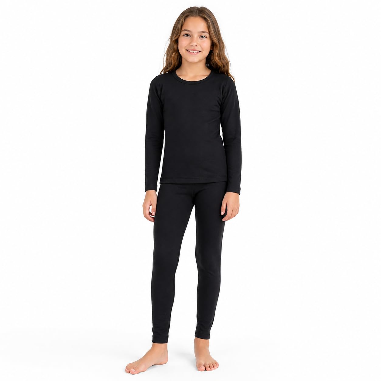 Conjunto de Ropa Interior Térmica para Niña Camiseta y Pantalón con Forro Polar, Pijama Cálido de Invierno, Capa Base Elástica Infantil (Negro, L)