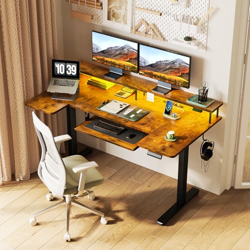 Image of OffiGo U Shaped Electric Standing Desk with Keyboard Tray, 55 Inch Height Adjustable Desk with Power Outlets & LED Lights, Sit Stand Table with Monitor Stand for Home, Office, Rustic Brown