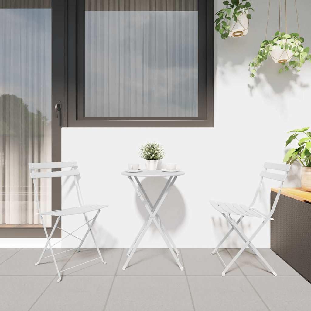 Set da bistro pieghevole da 3 pezzi, in acciaio bianco, tavolo pieghevole e 2 sedie per giardino, terrazza e balcone, set di mobili per esterni salvaspazio