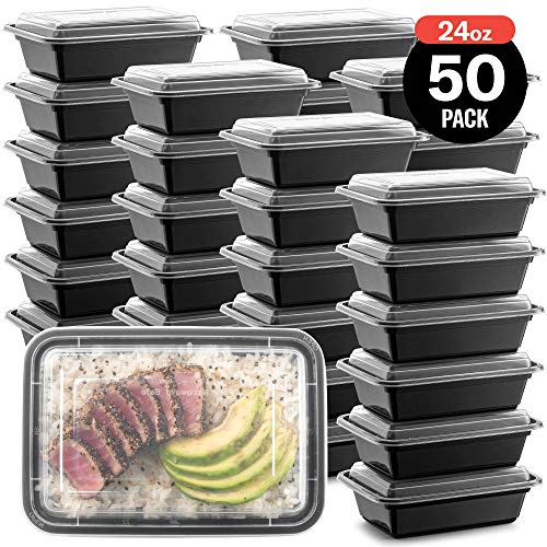 50-Pack Reusable Meal Prep Container Microwave Safe Food Storage Containers with Lids, 24 OZ - 1 Compartment Take Out Disposable Plastic Bento Lunch Box To Go, BPA Free - Dishwasher & Freezer Safe