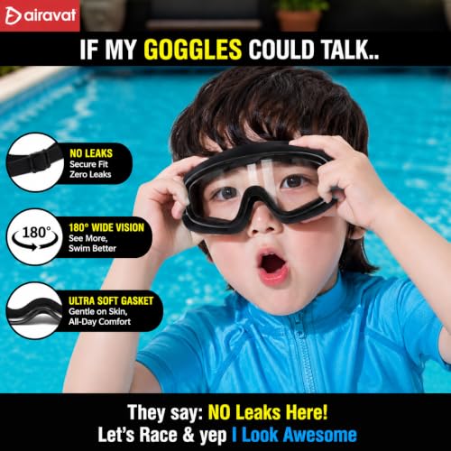 Image of AIRAVAT Macho swimming goggles for Kids Children Teens, polycarbonate goggles, Anti-Fog, Anti-UV, Wide View Swimming Goggles, Free size (Black)