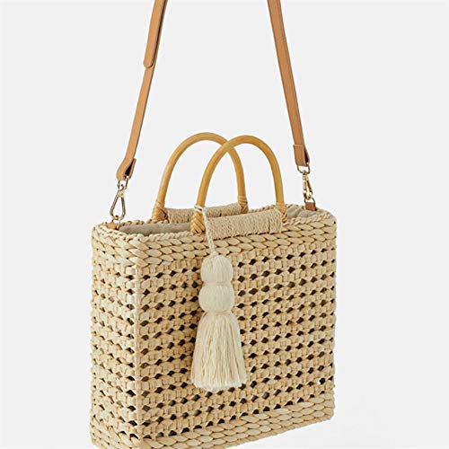 Bolso de paja estilo saco para mujer con asa de bambú miniatura 3