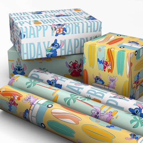 Hallmark Disney Stitch Birthday Wrapping Paper Mini Rolls 3-Pack (Surfboards Palm Trees Pineapples) for Kids Parties Christmas Celebrations Any Occasion - 45 Sq. Ft. Total