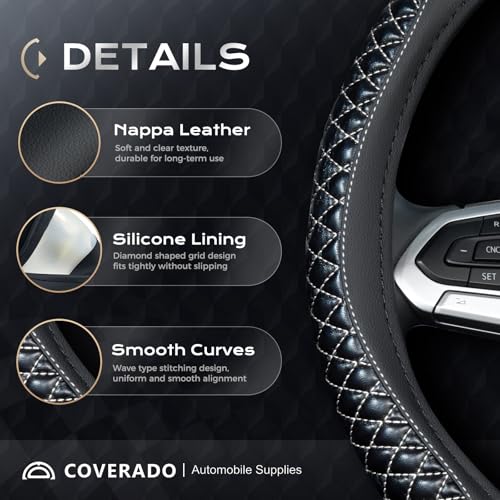 Image of Coverado Car Steering Wheel Cover, Nappa Leather Black & Grayline Steering Wheel Covers, Universal 14-15 inch, Anti-Slip, Breathable Steering Wheel Protector for Women Men