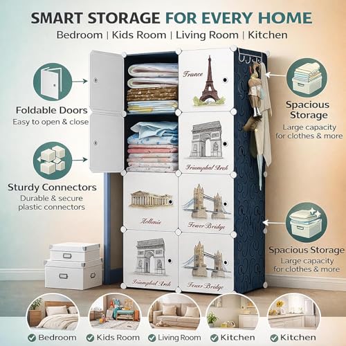 Image of 8 Door Kids Cartoon Wardrobe Storage Cabinet - DIY Modular Clothes Organizer with Hanging Cartoon Design Wardrobe with Multi for Bedroom, Living Room,Entryway (Black, 8-Door)