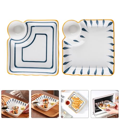 Juego 2 platos cerámicos para dumplings con compartimento para salsa miniatura 7