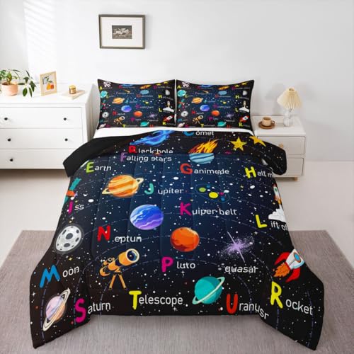 Image of Feelyou Alphabet Outer Space Astronaut Bedding Set Full Size, ABC Planet Comforter Set Kids Toddler Galaxy Comforter ABC Alphabet Learning Duvet Set Durable Bed Set 3Pcs
