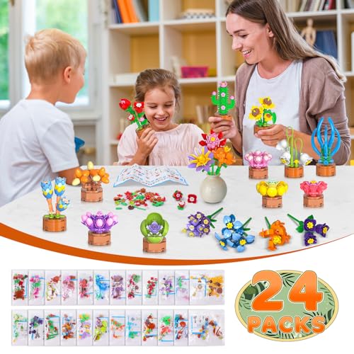 24 Pack Flowers Party Favors for Kids Building Set - 827PCS Succulents 3.6MM Mini Building Blocks Toy for Easter Basket Stuffers, Classroom Prizes, Mother's Day Birthday Gift for Girl Boy Ages 6+2