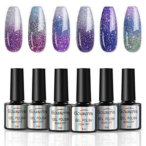 Mood Gel Nail Polish Set Temperature Color Changing Gel Colors Collection Glitter Gel Polish Soak Off 6 Colors New Year Holiday Salon DIY at Home (S639)