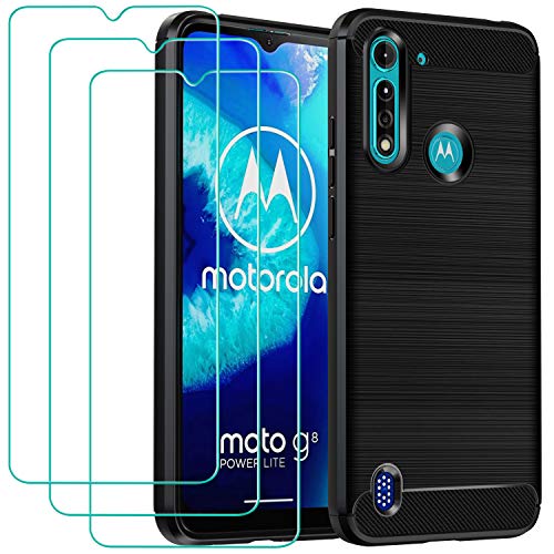 ivoler Funda para Motorola Moto G8 Power Lite + 3 Unidades Cristal Templado, Fibra de Carbono Negro TPU Suave de Silicona [Carcasa + Vidrio Templado] Ultra Fina Caso y Protector de Pantalla