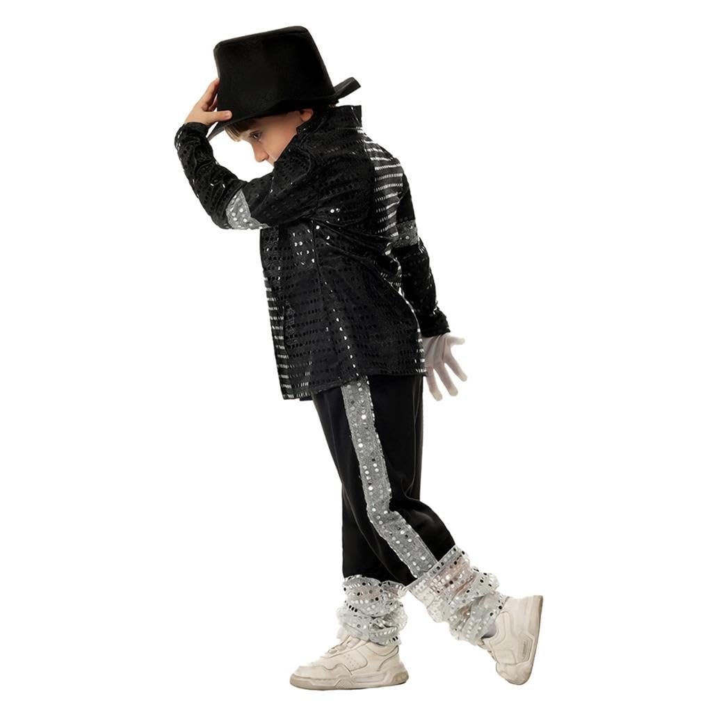 Lito Angels Costume Pop Star Anni '80 '90 per Bambini Ragazzi 5-11 Anni, Set 6 Pezzi con Giacca Nera con Paillettes, Pantaloni, Cappello, Guanto – Spettacoli Halloween