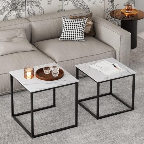 Huhote Quadratisch Couchtisch 2er Set, Moderne Wohnzimmertisch, Couchtisch Aus Holz, Wohnzimmertisch Klein, Beistelltisch, Sofatisch, Coffee Table für Wohnzimmer, Schlafzimmer, Büro, Schwarz+Weiß – Bild 7