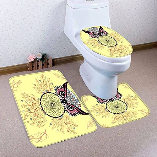 AOLIGL Badematte Eulen-Karikatur Bohemien Badematten Set rutschfest Waschbar Badgarnitur 3teilig - WC Deckelbezug U-förmigen Contour Badezimmerteppich Matte Flauschige – Bild 6